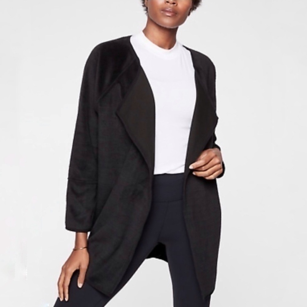 Athleta Cozy Karma Black Draped Open Front Cardigan Fleece Lined Sz M Casual
